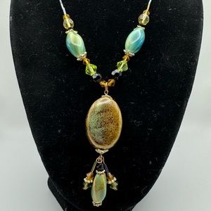 Da Vinci Art Glass Faux Stone Beaded Pendant Y Necklace Native Southwestern 16”